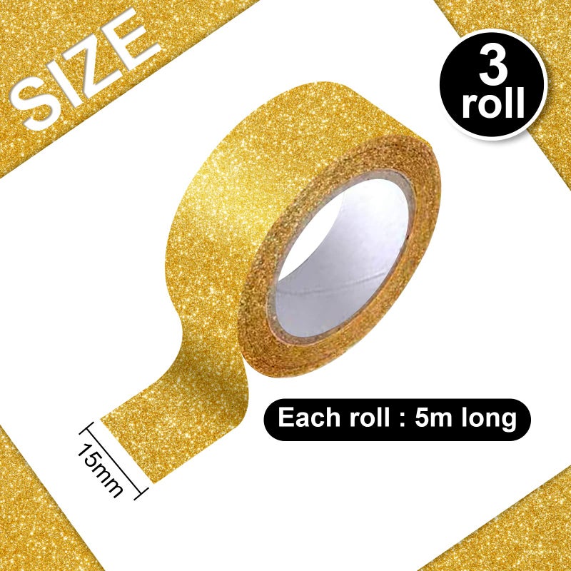HAPY SHOP 3 Rolls Gold Glitter Tape,Gold Glitter Washi Tape 15mm by 5m,Total 15m/17.5 Yards,for Scrapbook,Crafting - Image 2